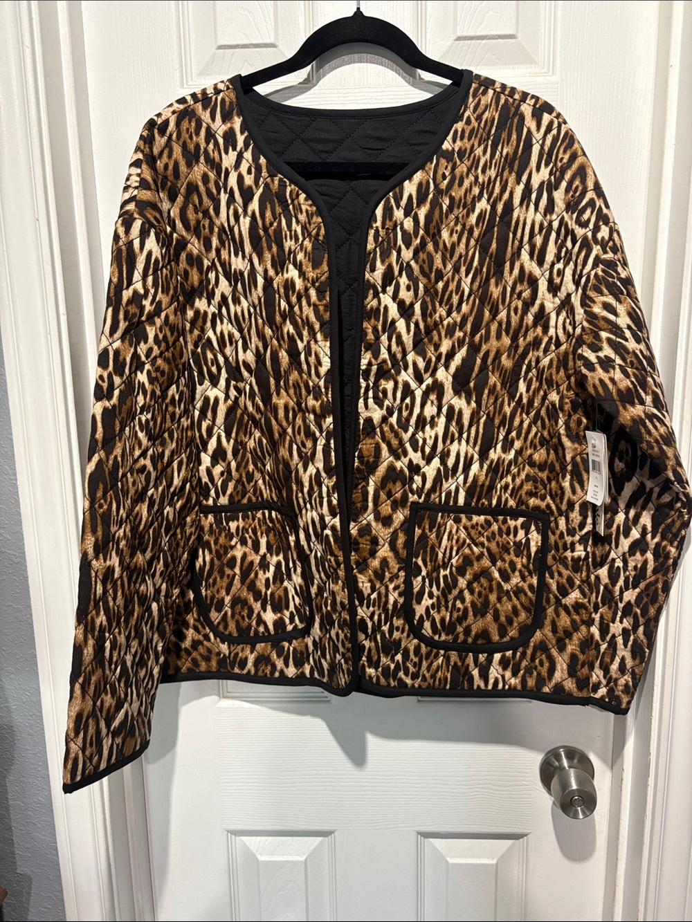 Onque Casuals Leopard-Print Quilted Bomber Jacket with Black Trim